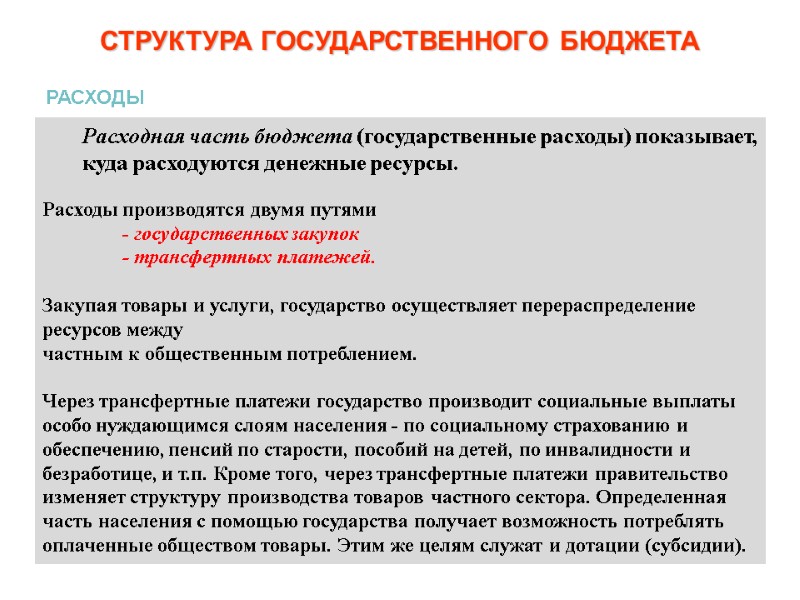 СТРУКТУРА ГОСУДАРСТВЕННОГО БЮДЖЕТА Расходная часть бюджета (государственные расходы) показывает, куда расходуются денежные ресурсы. 